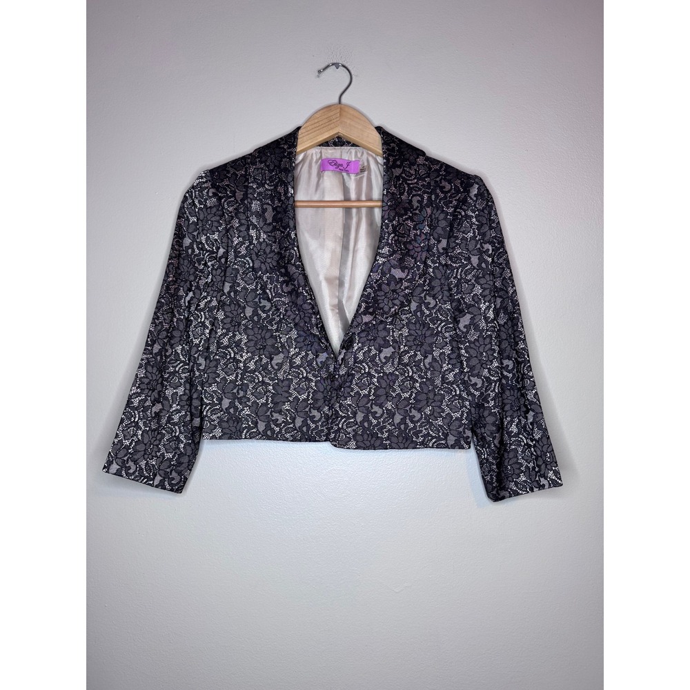 Eliza J Lace Cropped Blazer‎ Black Floral Open Front Petite 4P